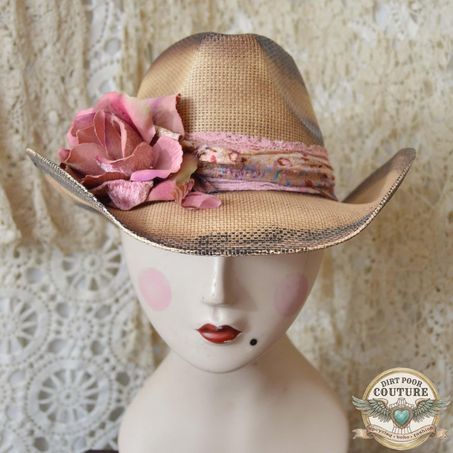 Pink Rose Cowboy Hat, Romantic, One of a Kind Western Hat, Vintage Sari Silk Hat, Distressed Floral Cowboy Hat, Rosalie