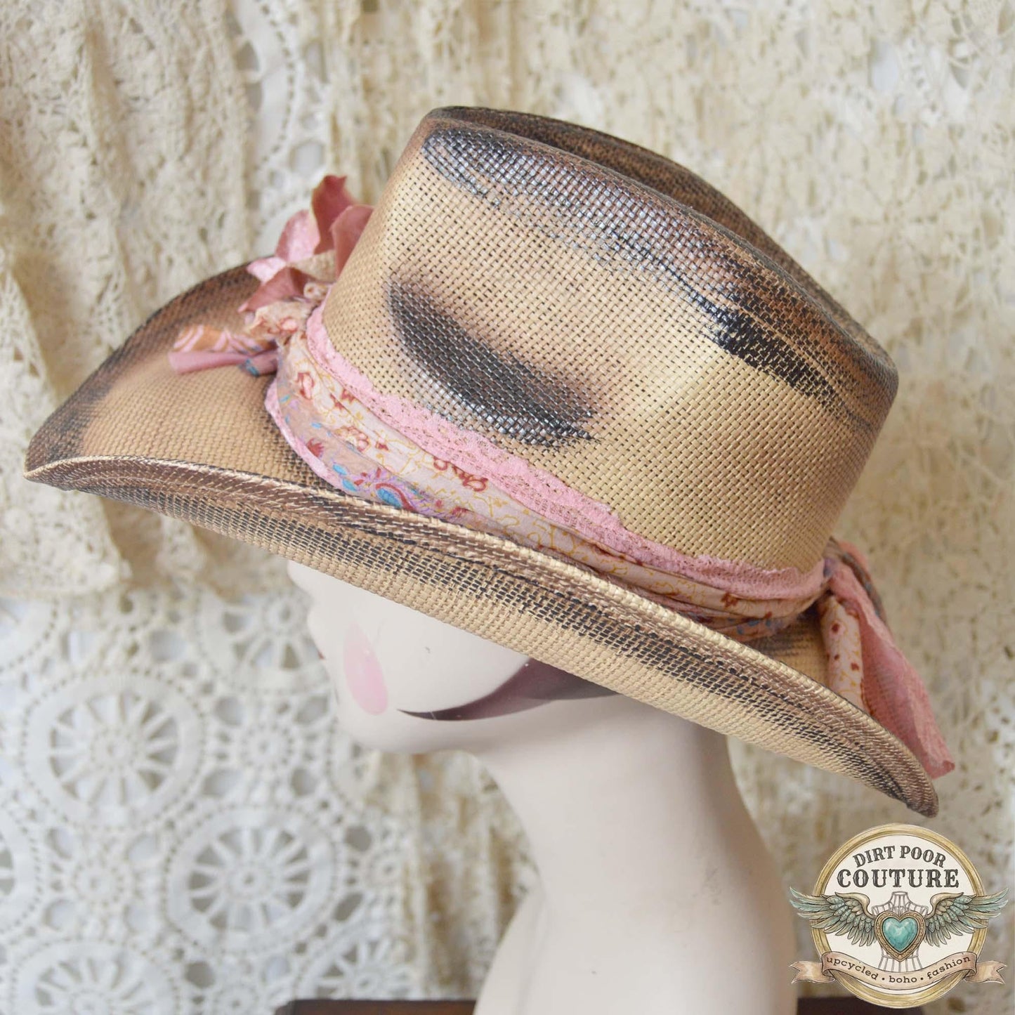 Pink Rose Cowboy Hat, Romantic, One of a Kind Western Hat, Vintage Sari Silk Hat, Distressed Floral Cowboy Hat, Rosalie
