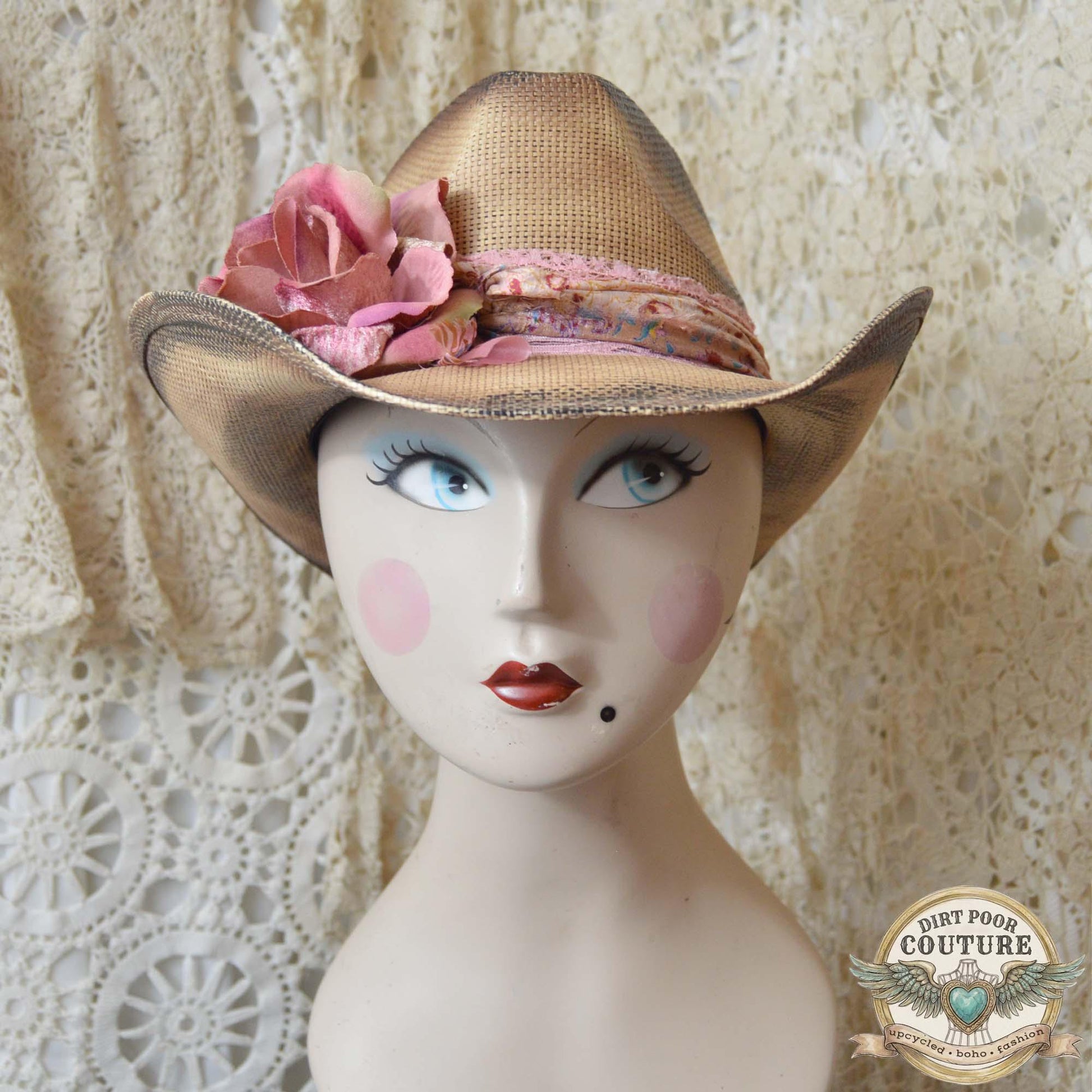 Pink Rose Cowboy Hat, Romantic, One of a Kind Western Hat, Vintage Sari Silk Hat, Distressed Floral Cowboy Hat, Rosalie