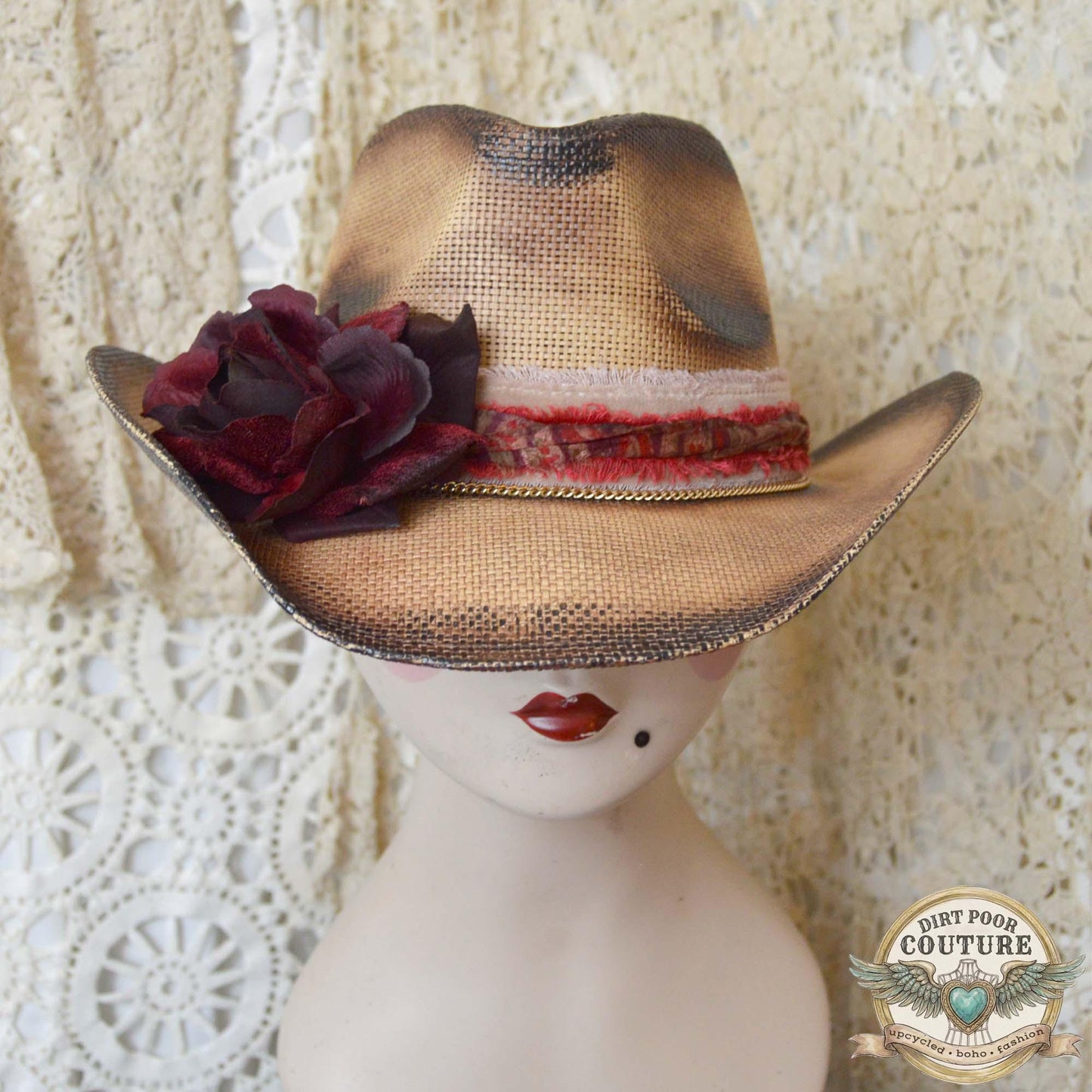 Burgundy Floral Cowboy Hat, Straw One of a Kind Western Hat, Vintage Sari Silk, Distressed Cowgirl hat, Sophie