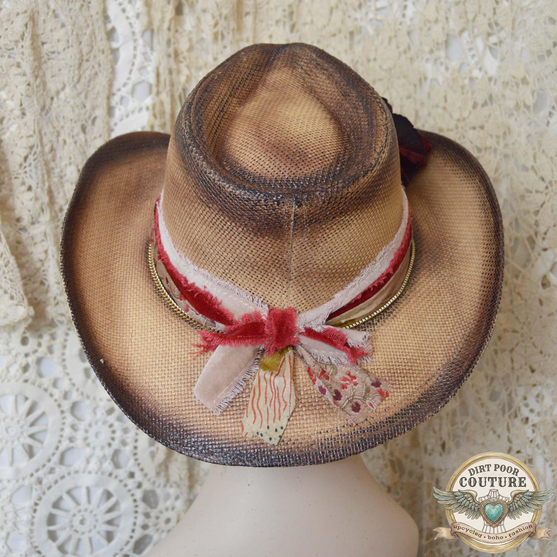 Burgundy Floral Cowboy Hat, Straw One of a Kind Western Hat, Vintage Sari Silk, Distressed Cowgirl hat, Sophie
