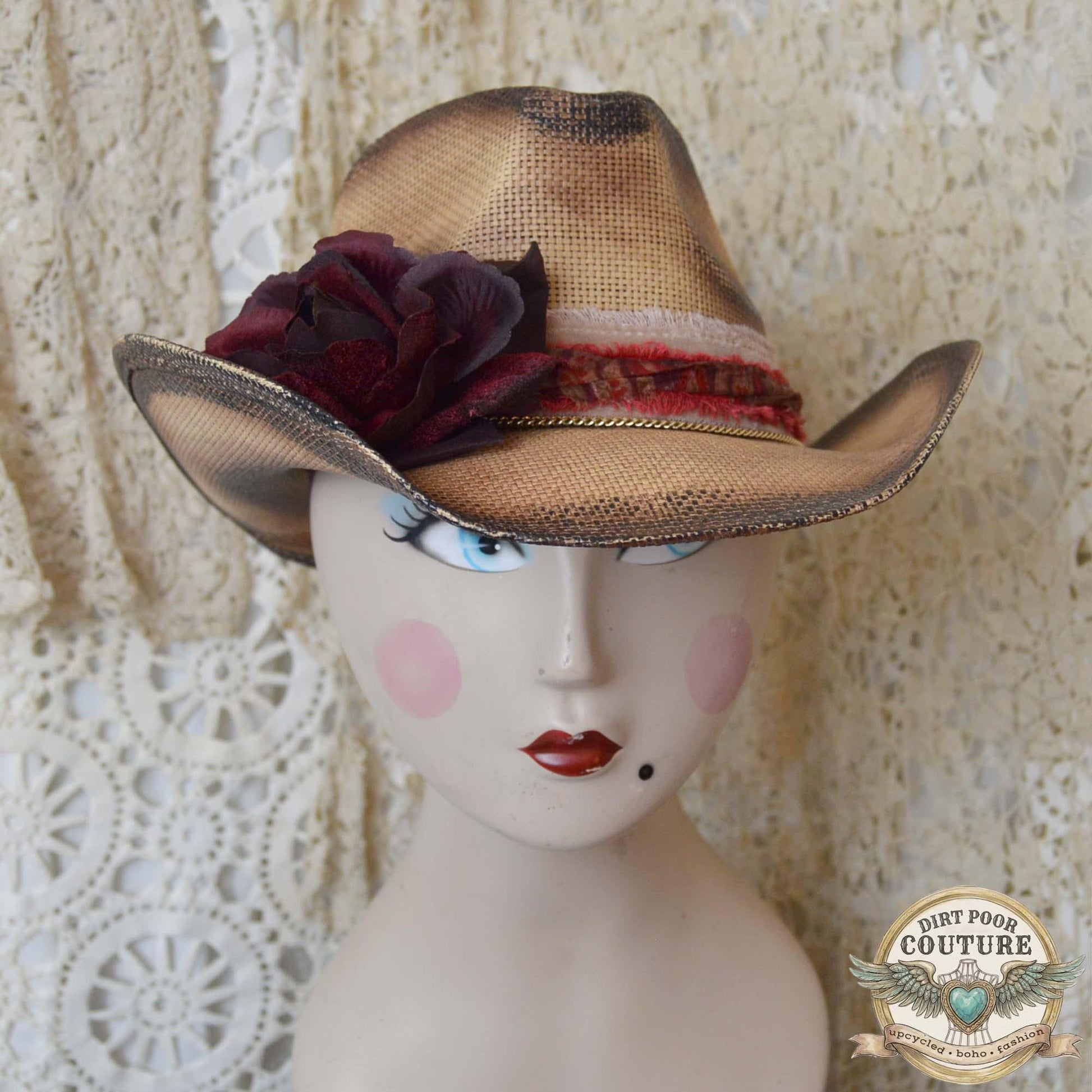 Burgundy Floral Cowboy Hat, Straw One of a Kind Western Hat, Vintage Sari Silk, Distressed Cowgirl hat, Sophie