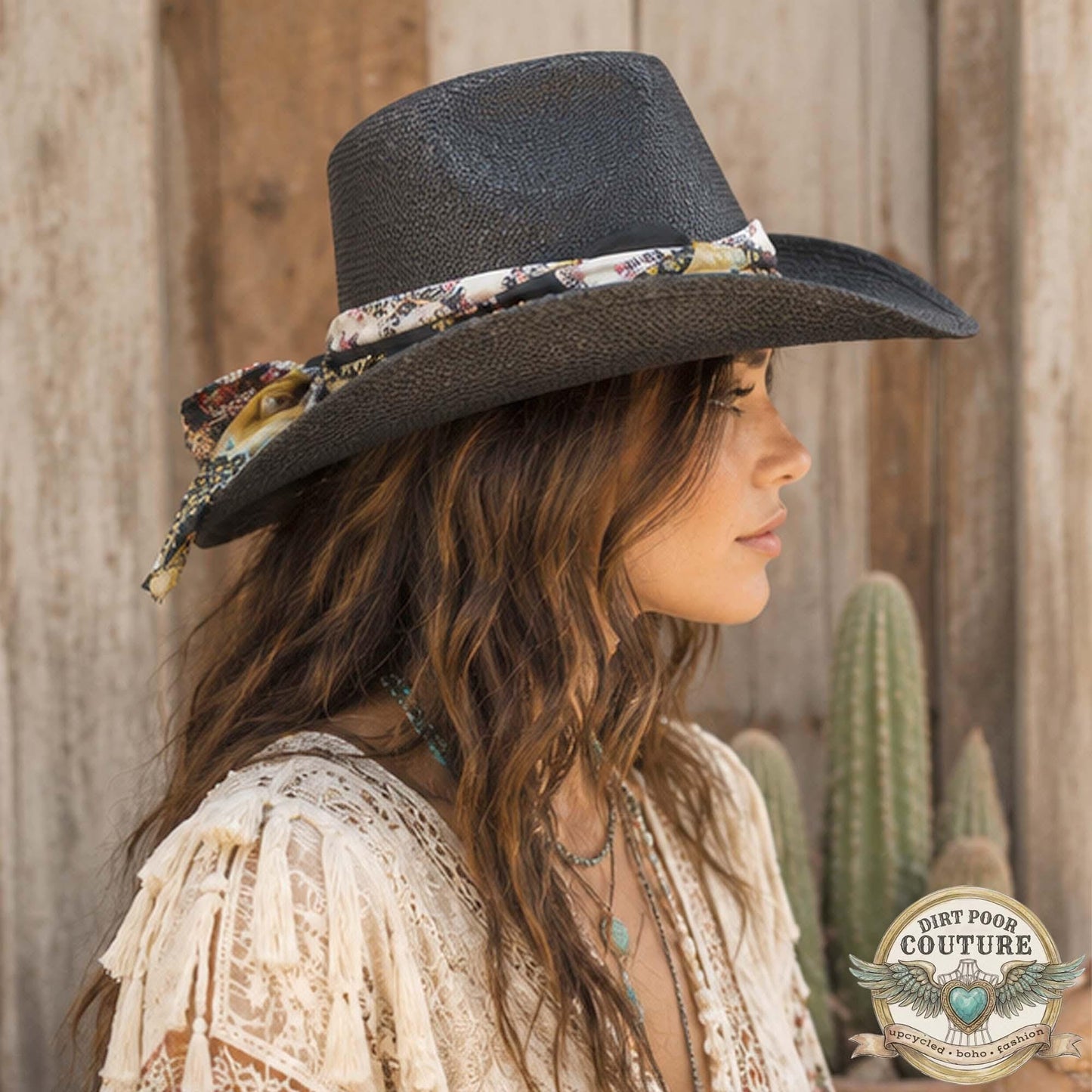 Black Boho Cowgirl Hat, One of a Kind Western Hat, Vintage Sari Silk Hat, Artisan Festival Hat, Hazel