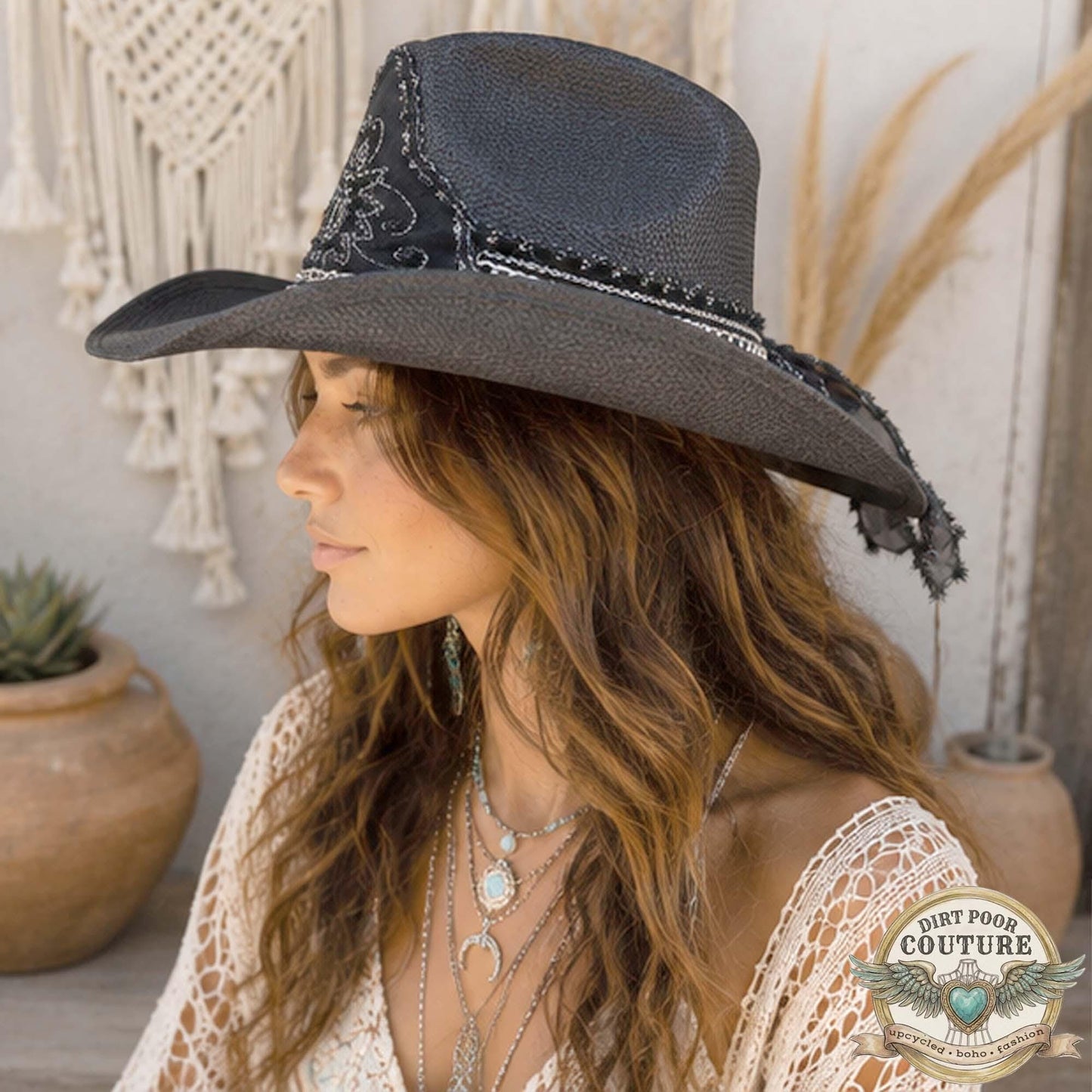 Black Boho Cowgirl Hat, One of a Kind Western Hat, Gothic Western Hat, Artisan Festival Hat, Eliza