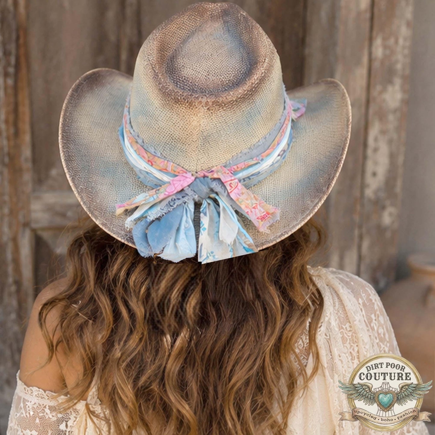 OOAK Boho Cowgirl Hat, Distressed Western Hat, Vintage Sari Silk, Pastel Festival Hat, Artisan Cowboy Hat, Leoni