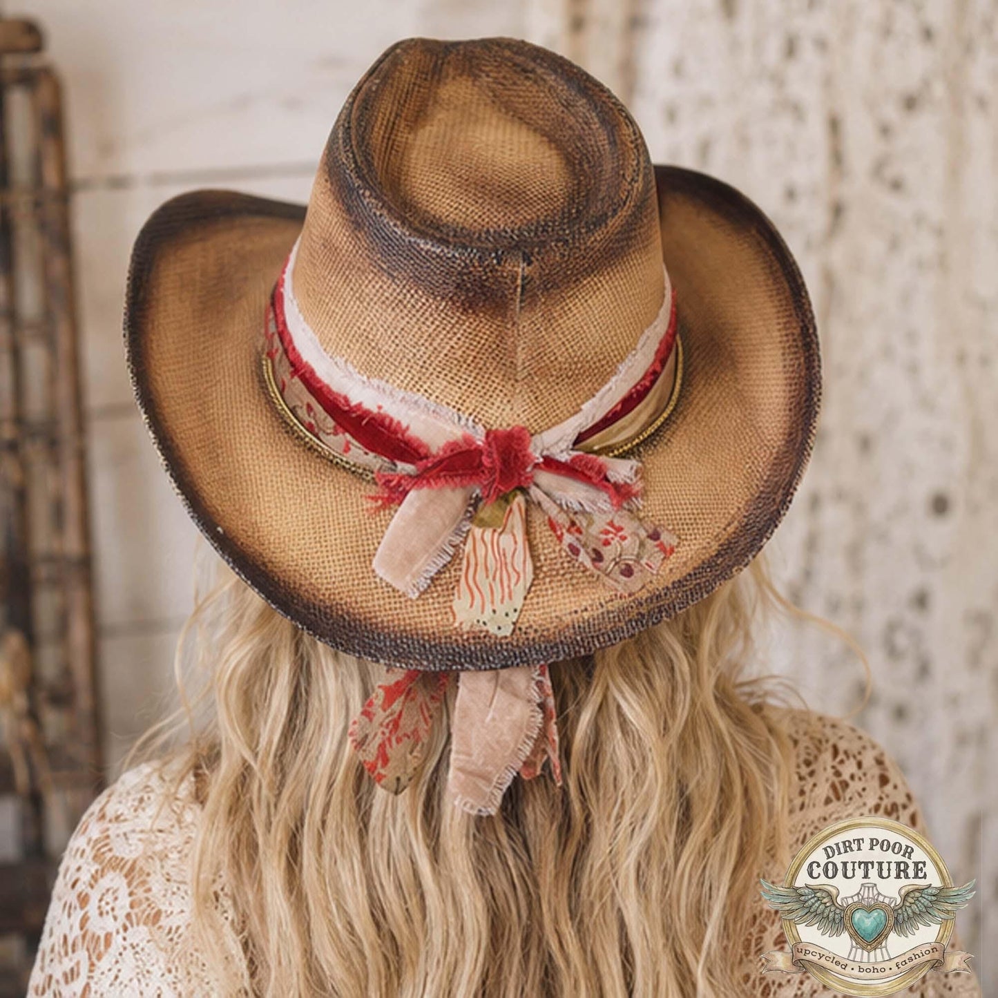 Burgundy Floral Cowboy Hat, Straw One of a Kind Western Hat, Vintage Sari Silk, Distressed Cowgirl hat, Sophie