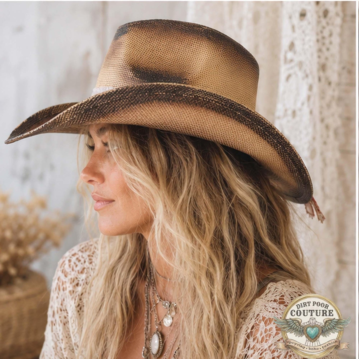 Burgundy Floral Cowboy Hat, Straw One of a Kind Western Hat, Vintage Sari Silk, Distressed Cowgirl hat, Sophie