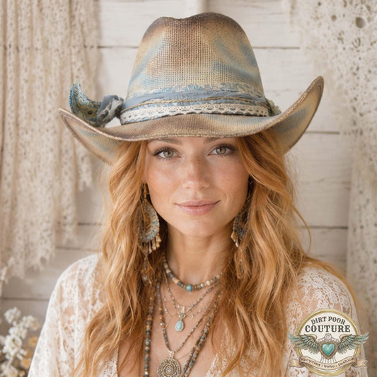 Distressed Boho Cowgirl Hat, One of a Kind Western Hat, Vintage Sari Silk Hat, Cottagecore Cowboy Hat, Artisan Hat, Lillian