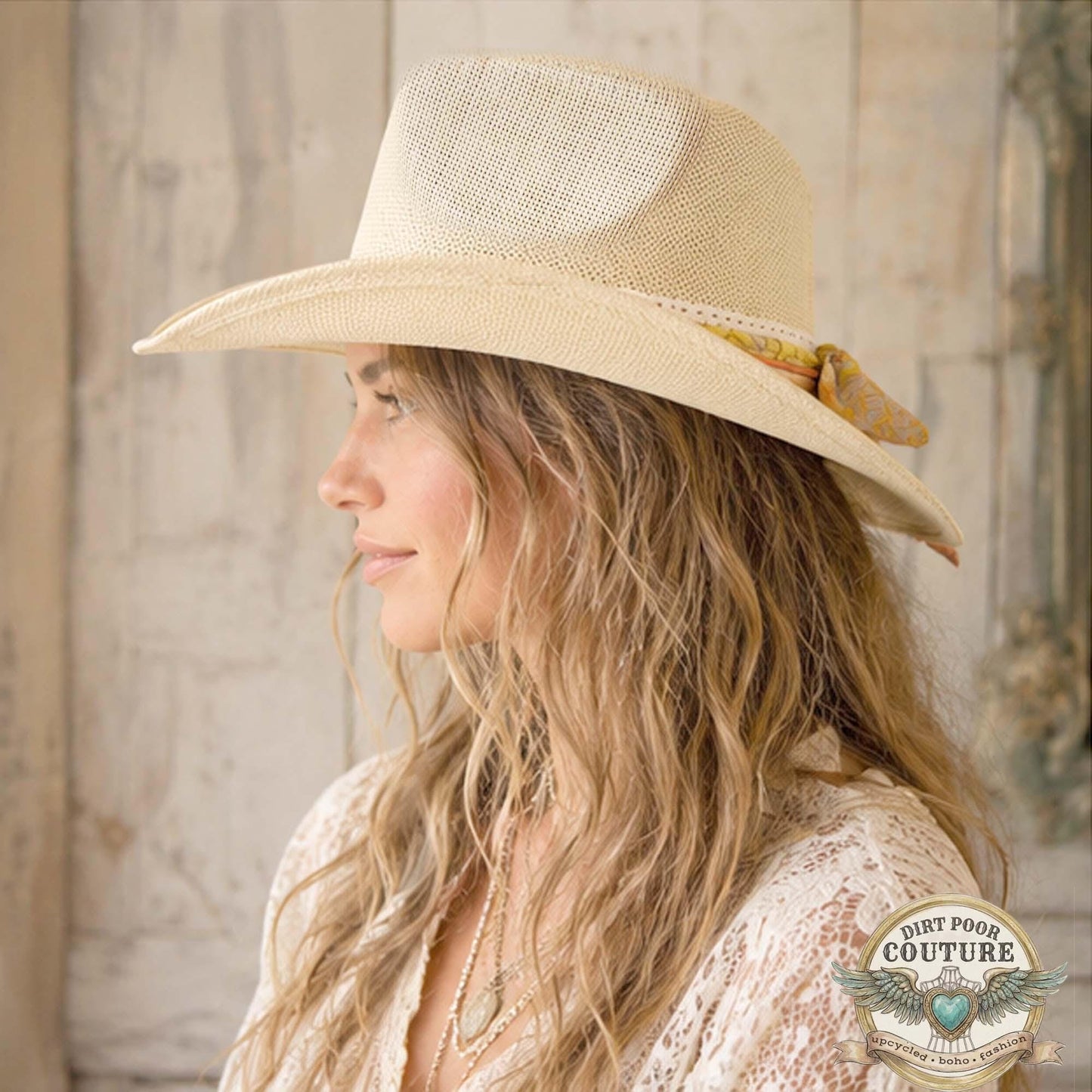 Distressed Boho Cowboy Hat, One of a Kind, Sari Silk Trimmed Hat, Romantic Western, Festival Hat, Adjustable Fit, Amelia