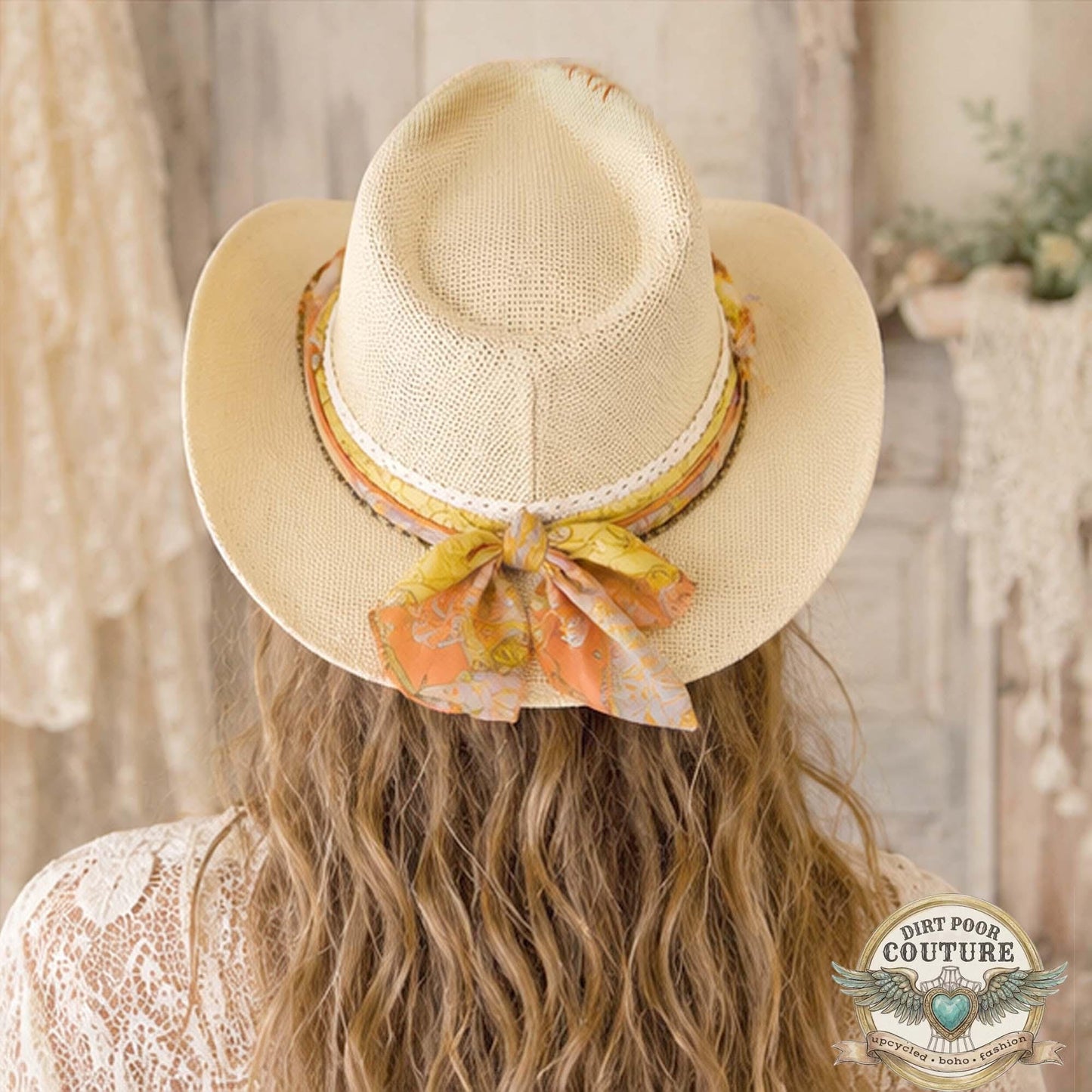 Distressed Boho Cowboy Hat, One of a Kind, Sari Silk Trimmed Hat, Romantic Western, Festival Hat, Adjustable Fit, Amelia