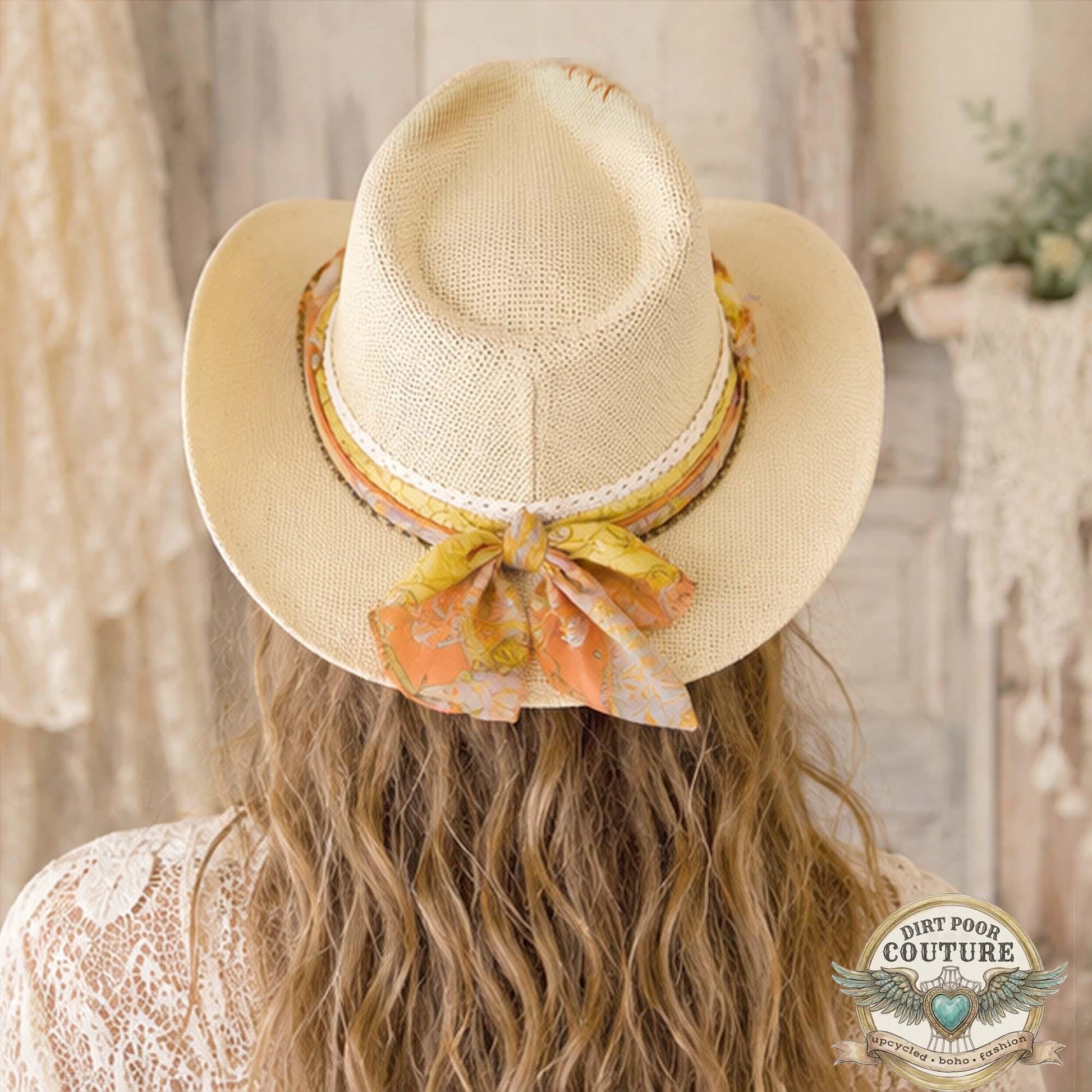 Distressed Boho Cowboy Hat, One of a Kind, Sari Silk Trimmed Hat, Romantic Western, Festival Hat, Adjustable Fit, Amelia