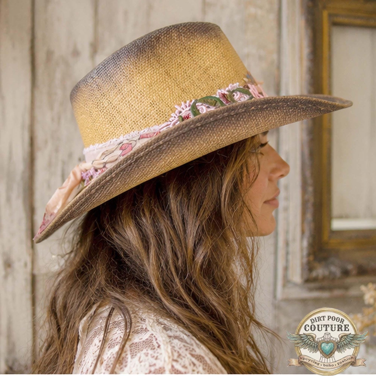 Boho Straw Cowgirl Hat, One of a Kind Western Hat, Floral Sari Silk Hat, Artisan Festival Hat, Georgia