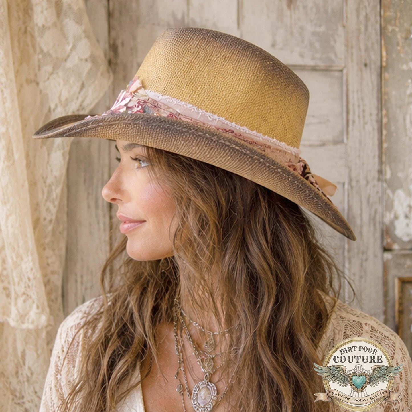 Boho Straw Cowgirl Hat, One of a Kind Western Hat, Floral Sari Silk Hat, Artisan Festival Hat, Georgia