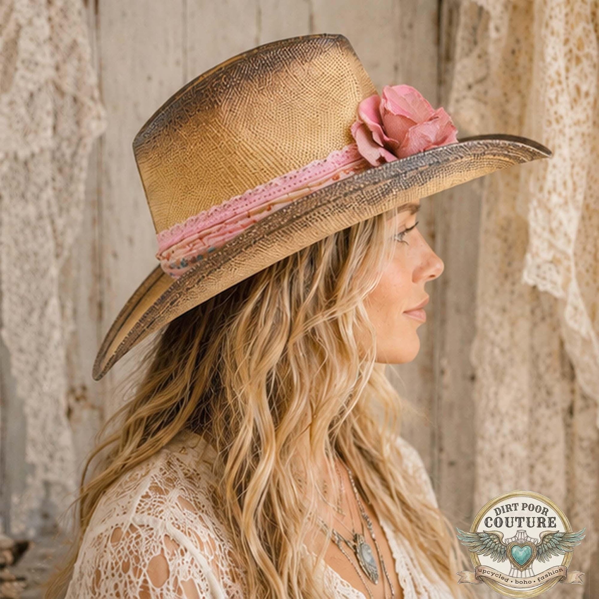 Pink Rose Cowboy Hat, Romantic, One of a Kind Western Hat, Vintage Sari Silk Hat, Distressed Floral Cowboy Hat, Rosalie