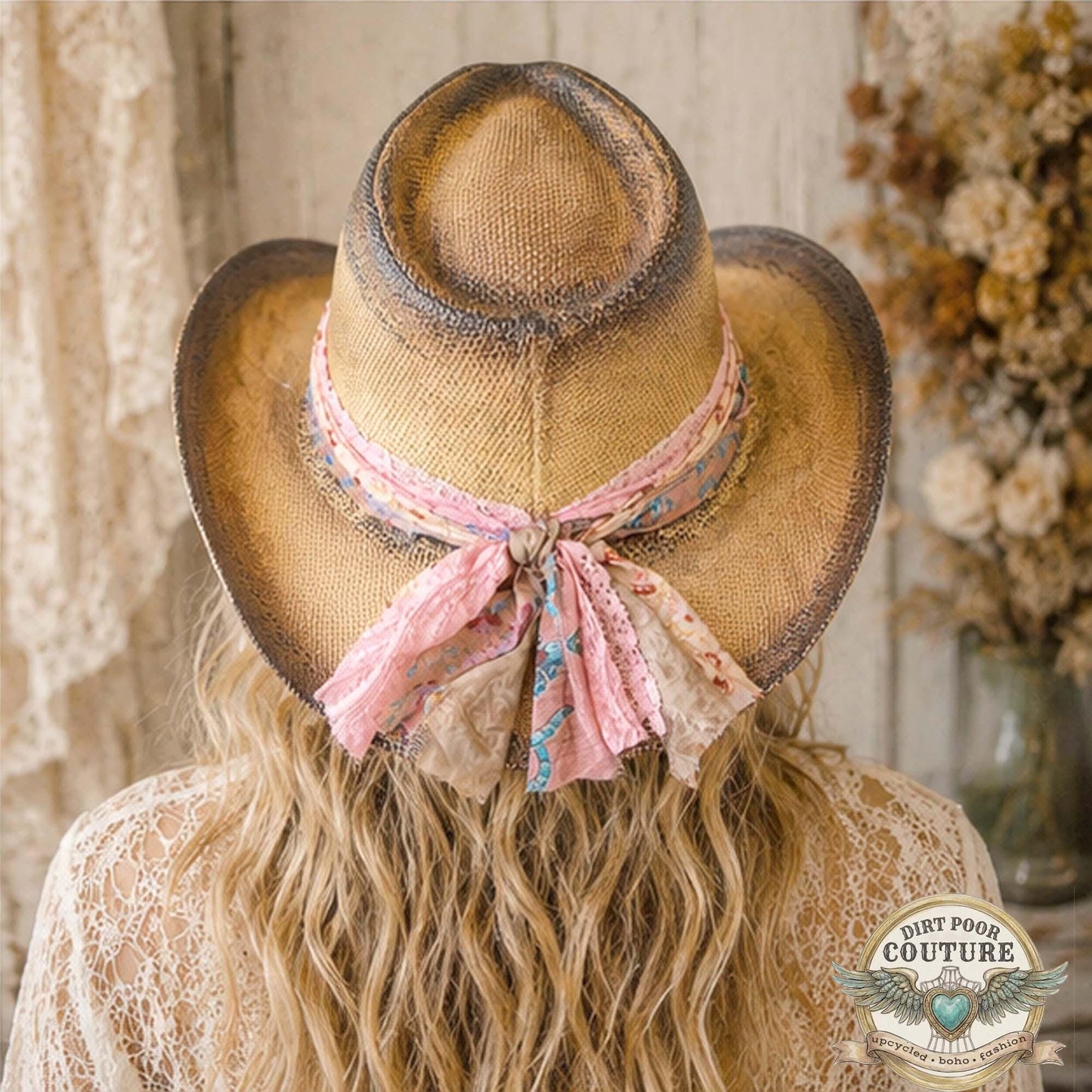 Pink Rose Cowboy Hat, Romantic, One of a Kind Western Hat, Vintage Sari Silk Hat, Distressed Floral Cowboy Hat, Rosalie