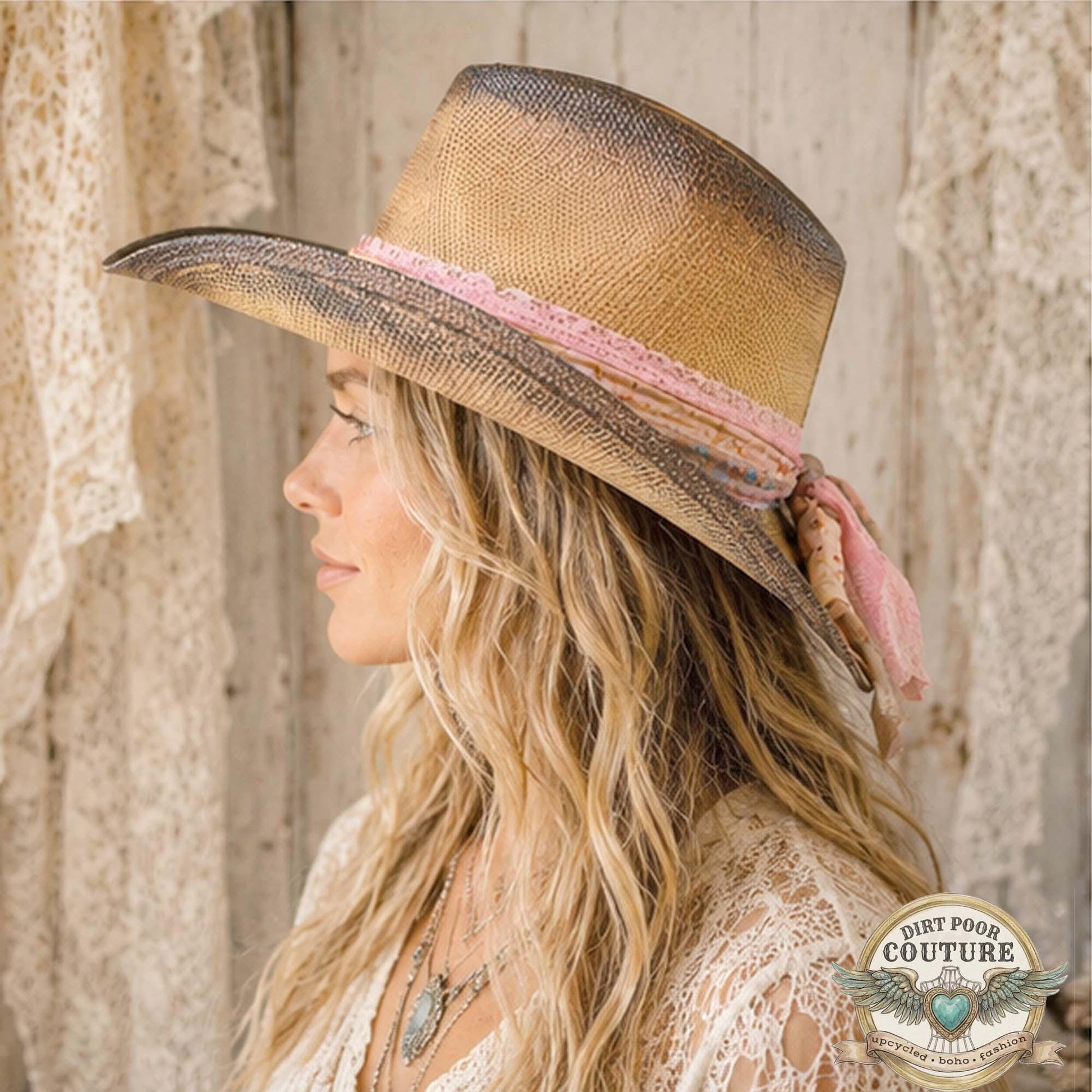 Pink Rose Cowboy Hat, Romantic, One of a Kind Western Hat, Vintage Sari Silk Hat, Distressed Floral Cowboy Hat, Rosalie