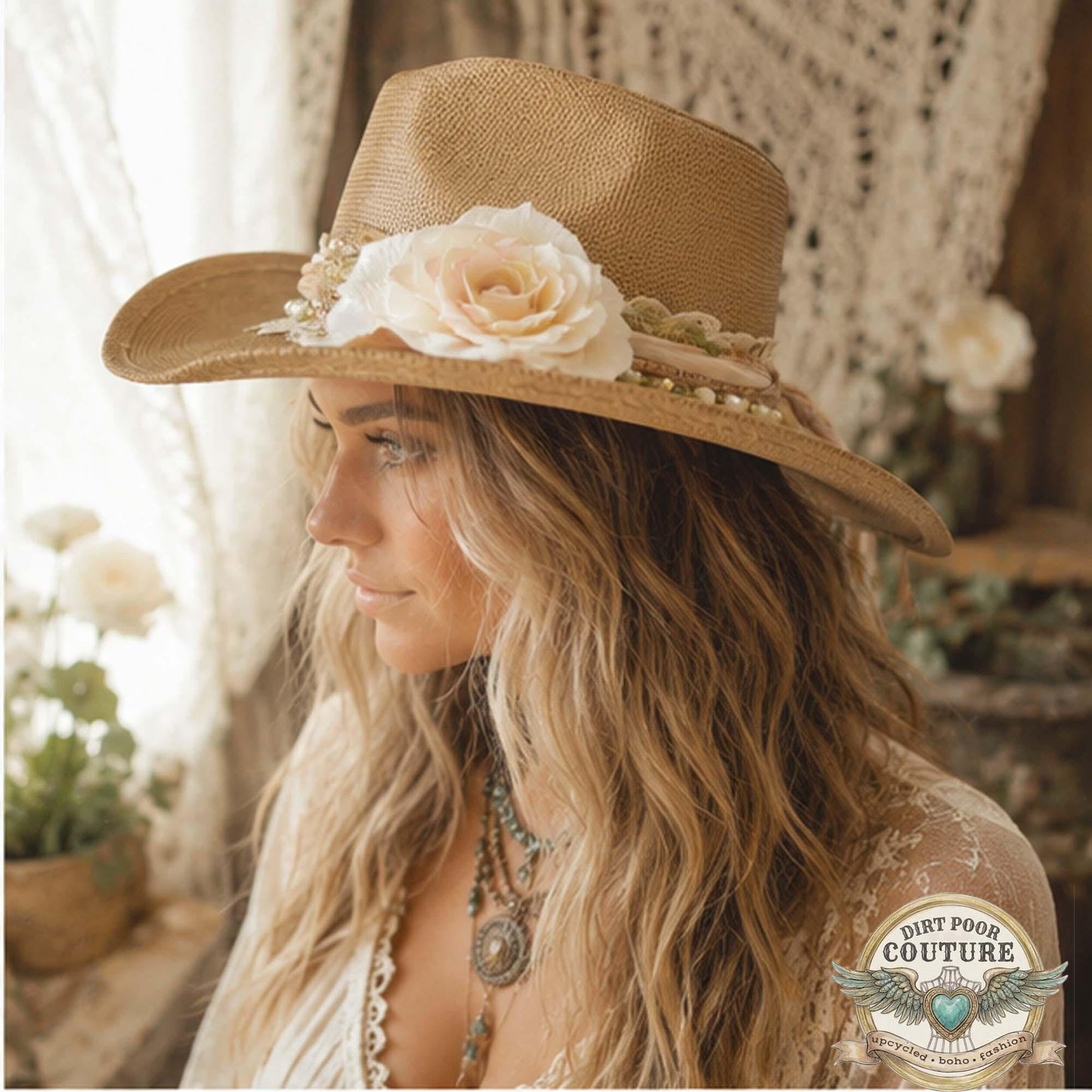 Distressed Boho Cowgirl Hat, One of a Kind Western Hat, Vintage Sari Silk Hat, Romantic Prairie Hat, Delilah