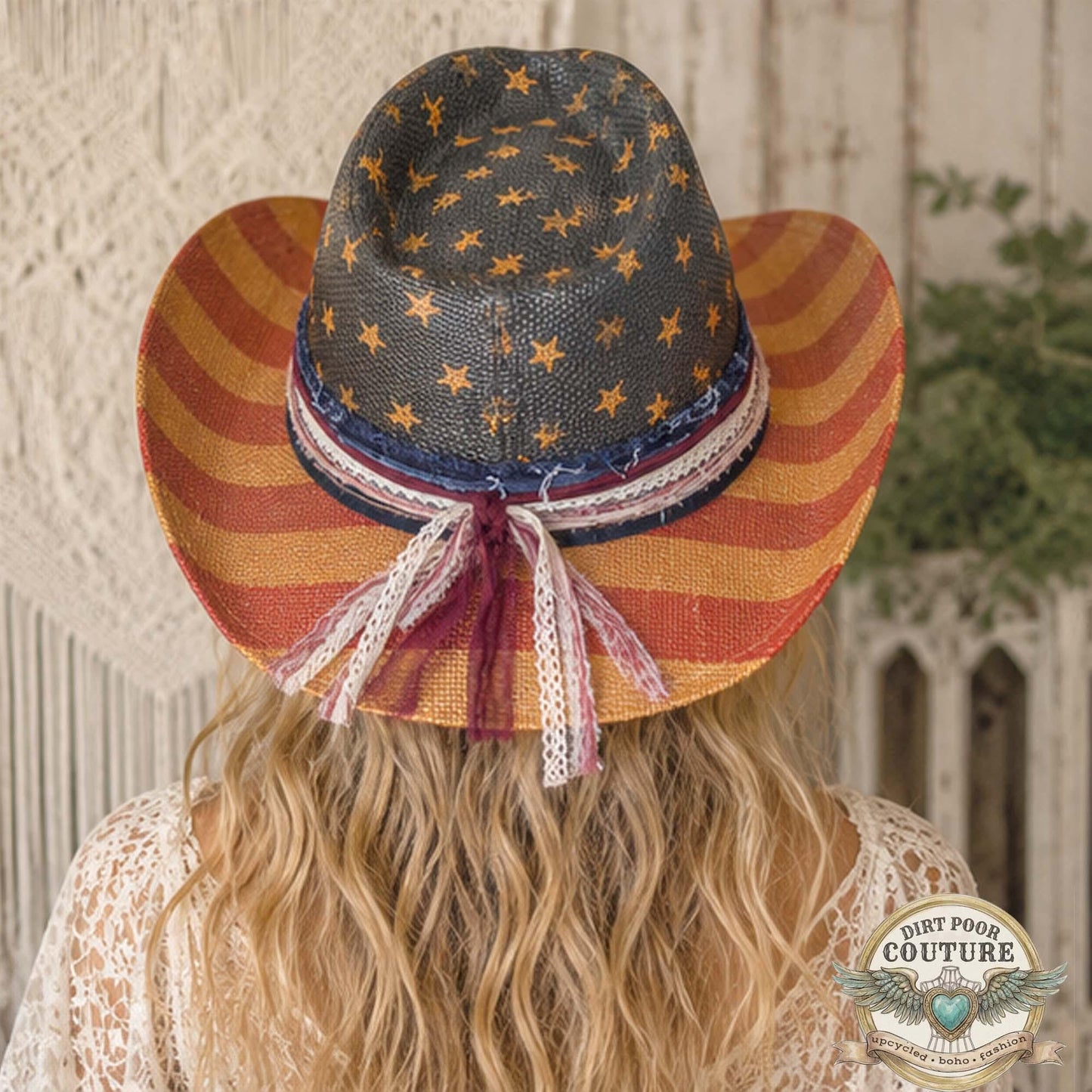 Distressed, Patriotic Boho Cowgirl Hat, One of a Kind Western Hat, Vintage Sari Silk Hat, Romantic Rebel Style, Eleanor
