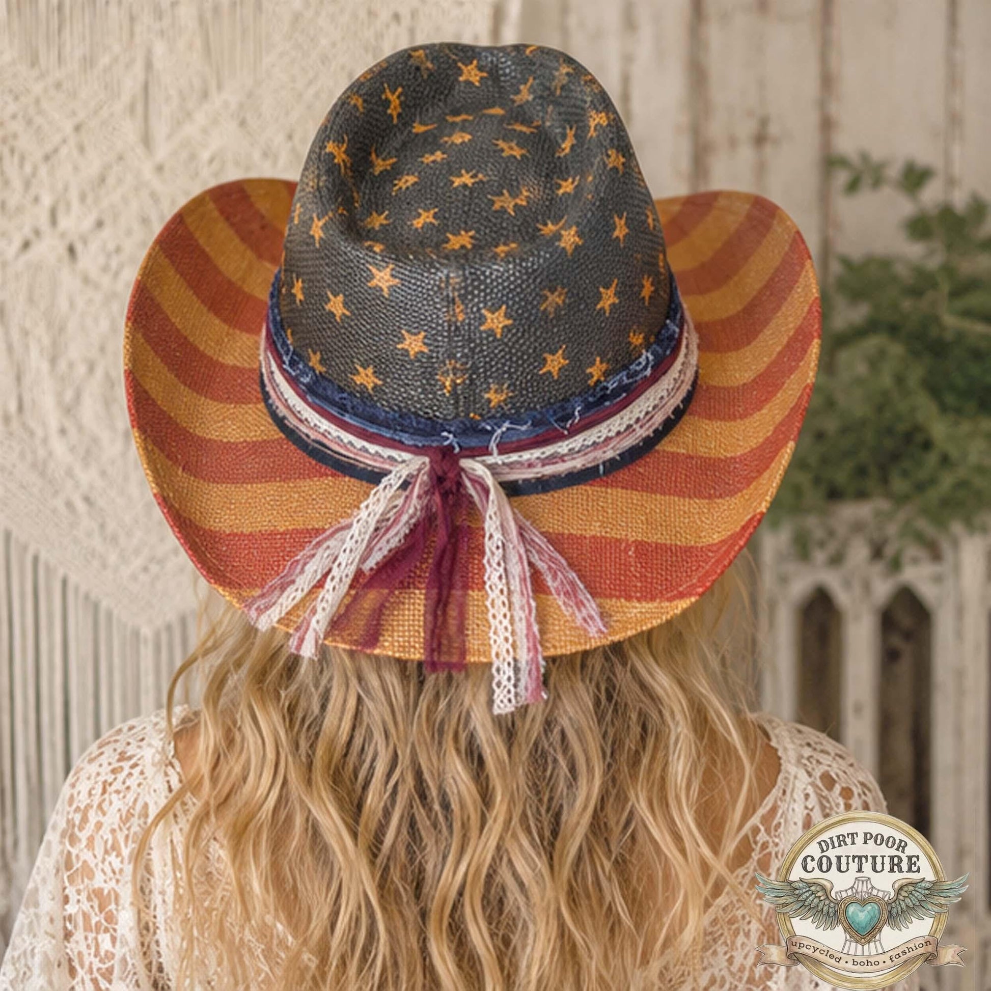 Distressed, Patriotic Boho Cowgirl Hat, One of a Kind Western Hat, Vintage Sari Silk Hat, Romantic Rebel Style, Eleanor