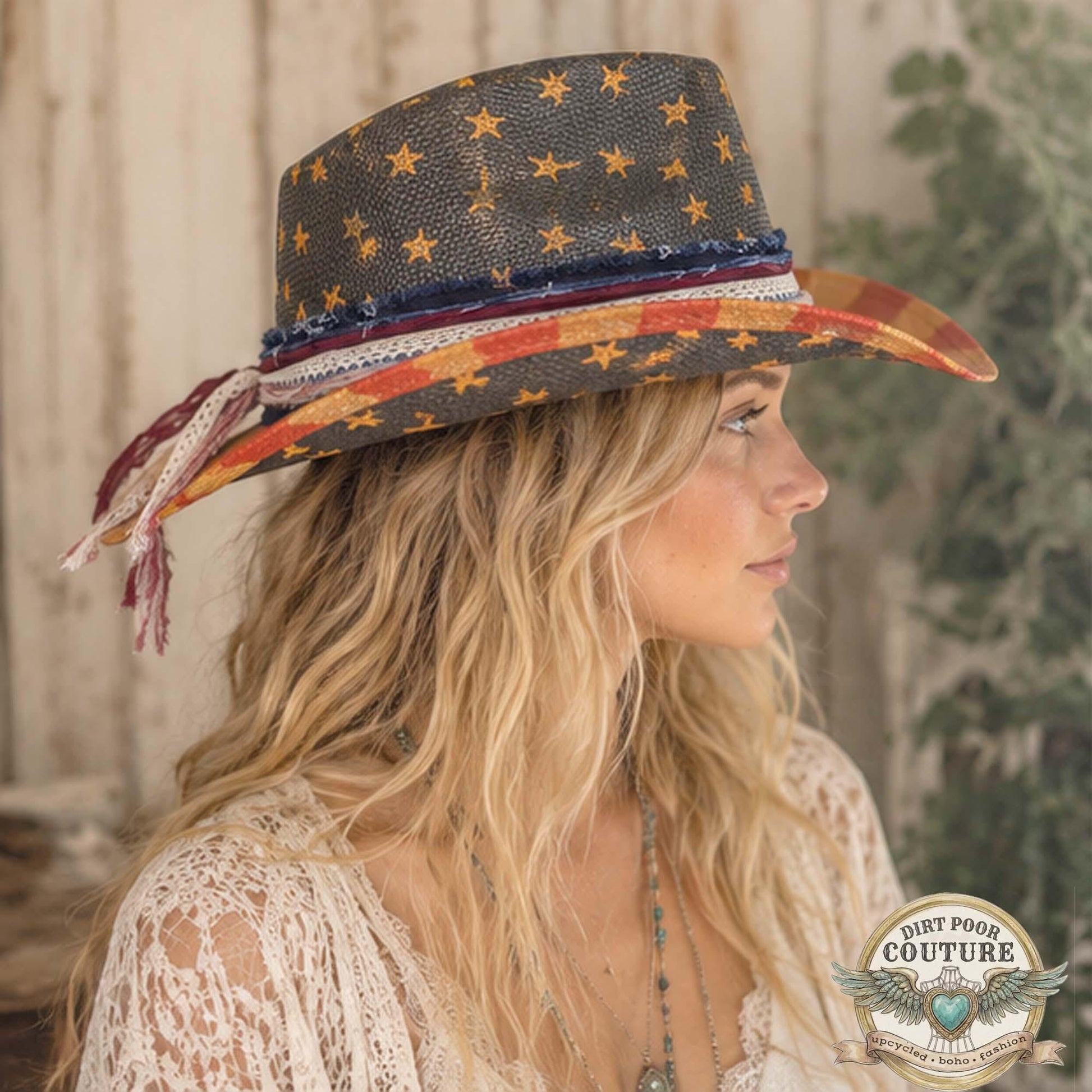 Distressed, Patriotic Boho Cowgirl Hat, One of a Kind Western Hat, Vintage Sari Silk Hat, Romantic Rebel Style, Eleanor