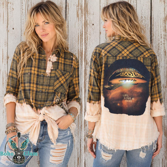 Bleached Yellow Plaid Flannel Shirt – Boston Band Graphic Applique, Men's Small Upcycled Grunge