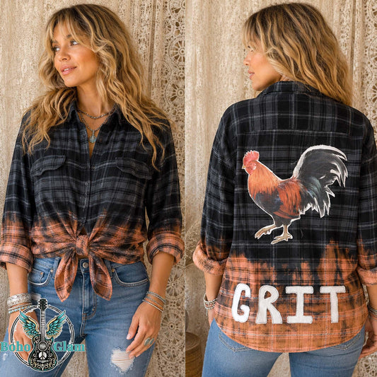 Custom Bleached Rooster Flannel Shirt – GRIT Patchwork, Farmhouse Boho Style XL Tall