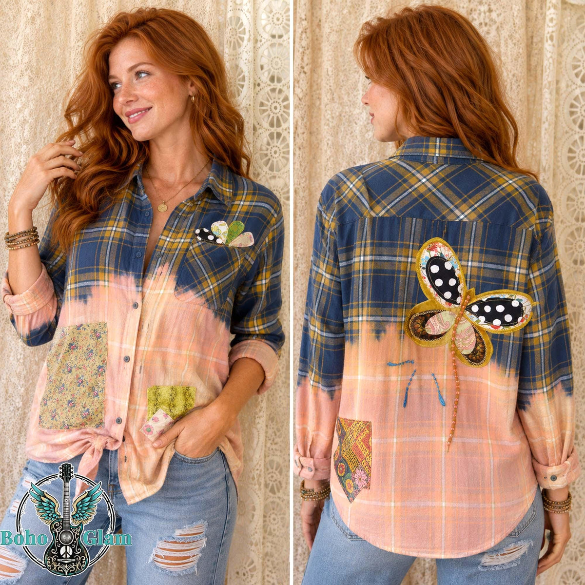 Butterfly Patchwork, 1 John 4:8 Embroidered, Men's XL - Upcycled Bleached Boho Flannel Shirt