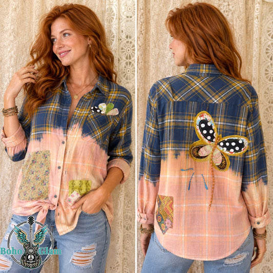 Butterfly Patchwork, 1 John 4:8 Embroidered, Men's XL - Upcycled Bleached Boho Flannel Shirt
