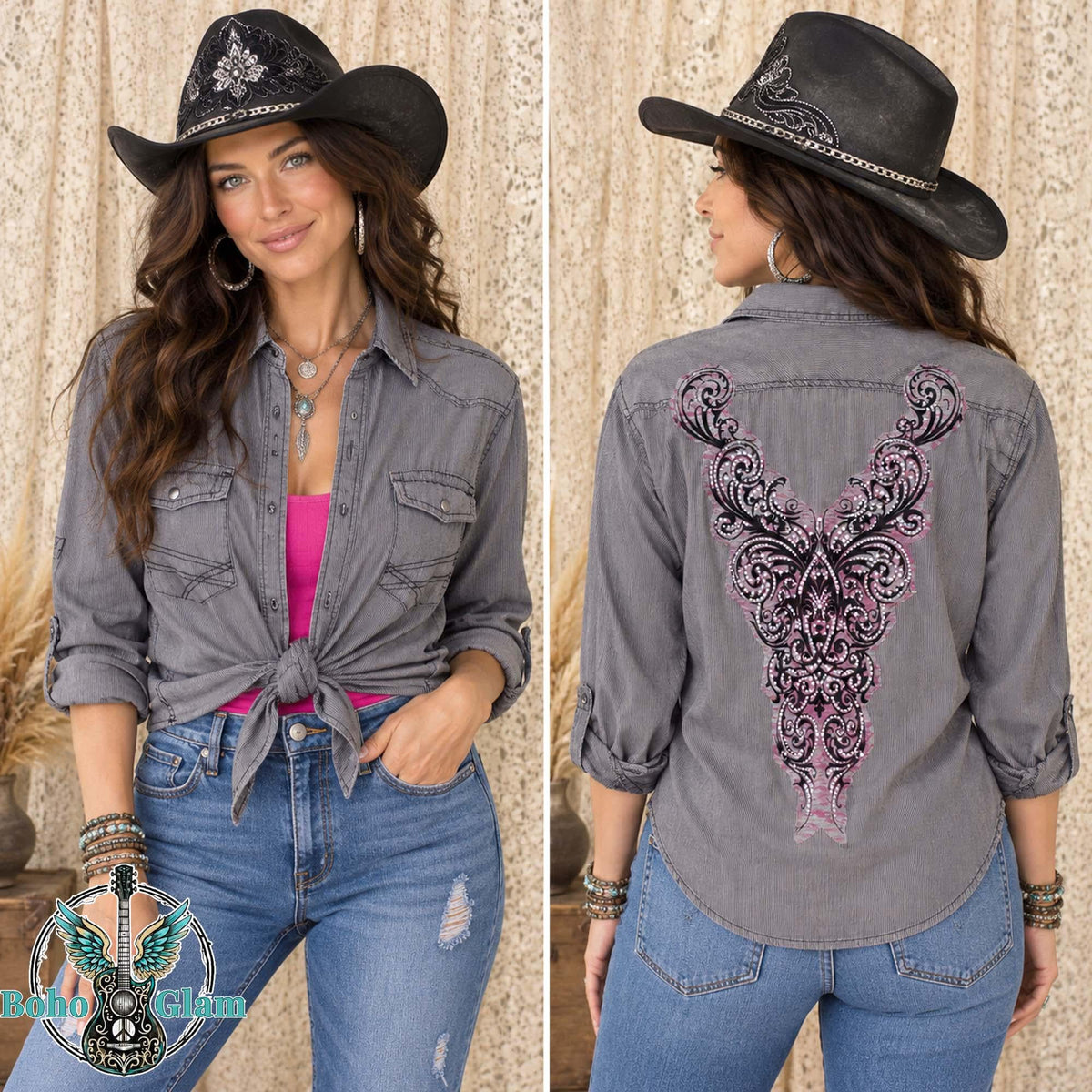 Pink Black Filigree Rhinestone Graphic - Upcycled Charcoal Gray Corduroy Shirt