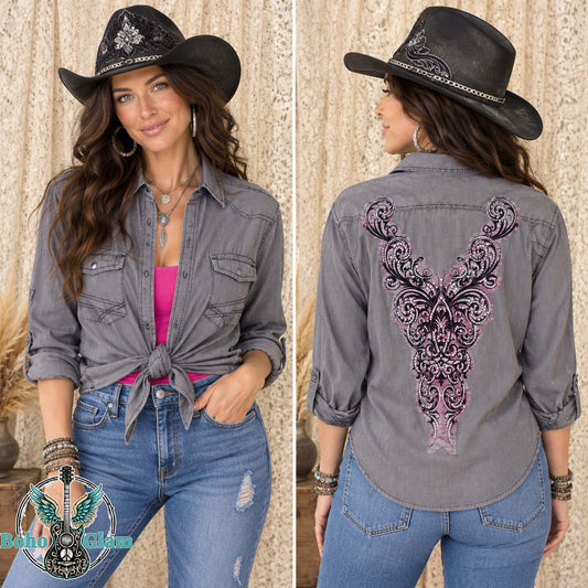 Pink Black Filigree Rhinestone Graphic - Upcycled Charcoal Gray Corduroy Shirt