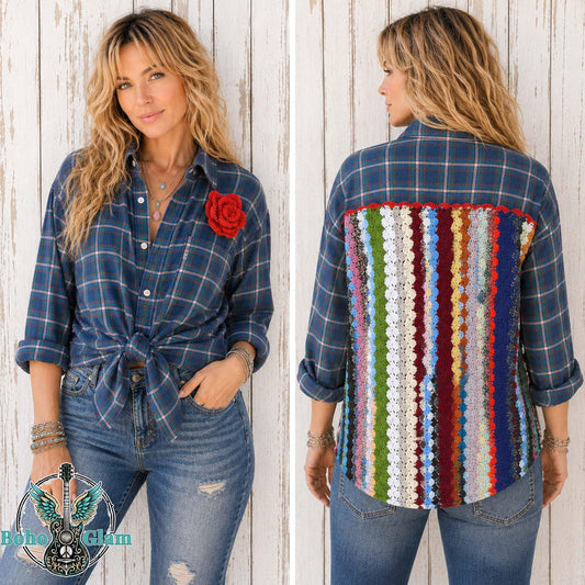 Upcycled Plaid Flannel Shirt – Rainbow Crochet Back Patchwork, Flower Detail (Men's XL)
