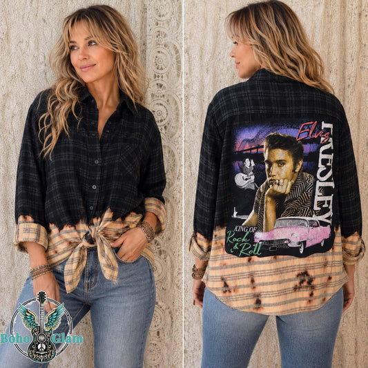Upcycled Bleached Elvis Presley Flannel Shirt – Distressed Black Plaid Rock Graphic Applique