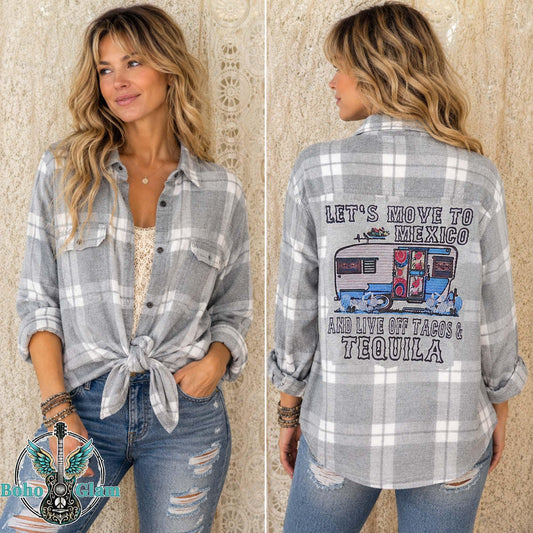 Custom Mexico Camper Flannel Shirt - Grey White Plaid Boho Top - Tacos and Tequila Graphic Applique - Upcycled Men's Size XL