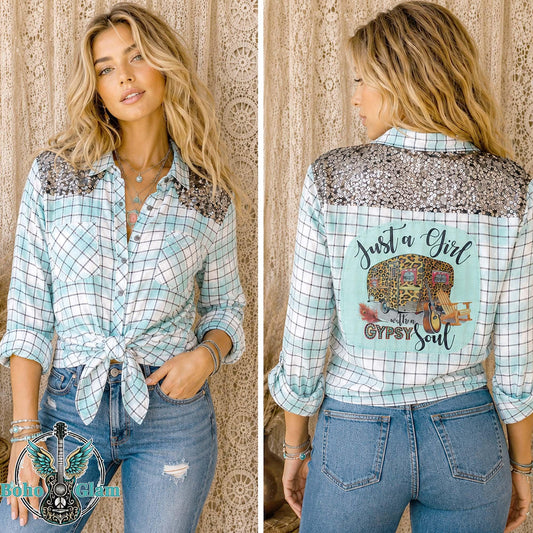 Gypsy Soul - Upcycled Mint Plaid Flannel Shirt – Sequin Shoulder Graphic Top (Size S)