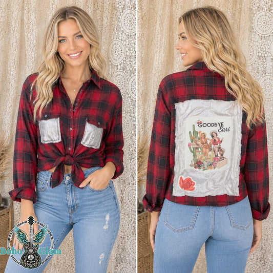 Red Plaid Flannel Shirt – Men's Large, Silver Accents, "Goodbye Earl" Graphic, Boho Western Top