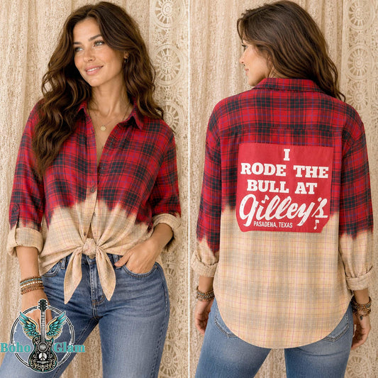 Gilley's Pasadena Texas Retro Graphic Upcycled Boho Bleached Flannel Large