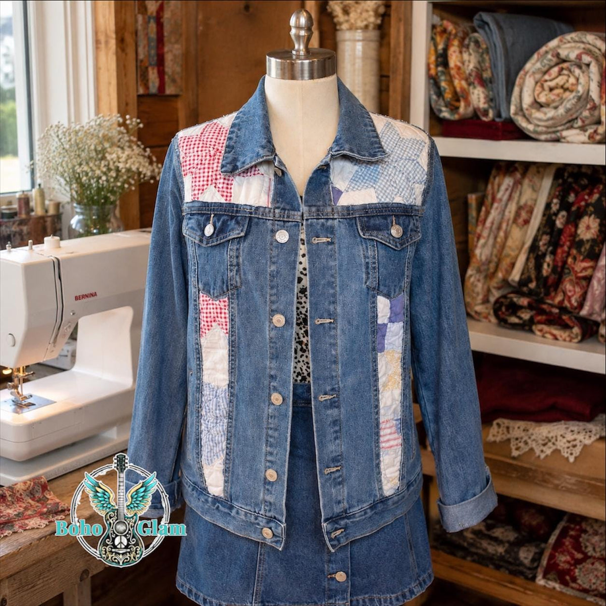 Denim Jacket with quilt pieces inserted
