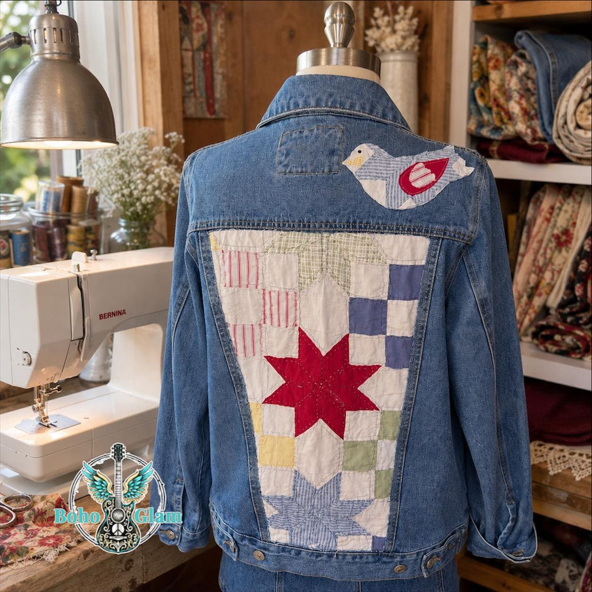 Back of denim jacket with a piece of quilt showing stars