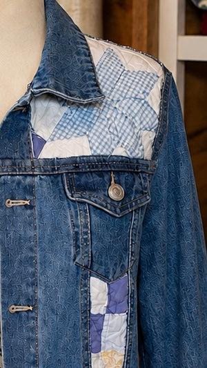 Upcycled Denim Jacket, Vintage Quilt Patchwork Jean Jacket, Boho Western Jacket, Men's Small – Grace