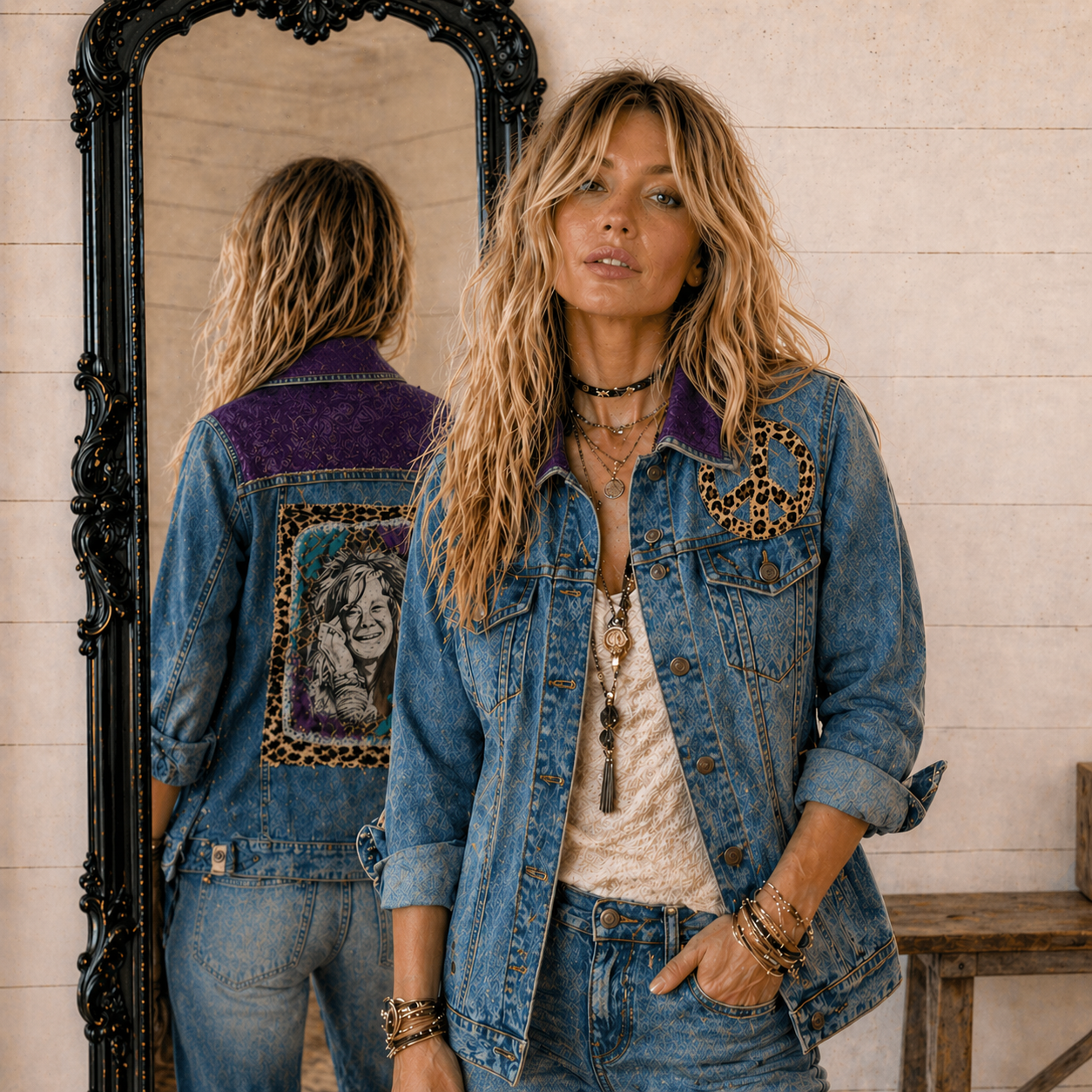 Woman wearing a denim jacket with a patch, standing in front of a mirror.