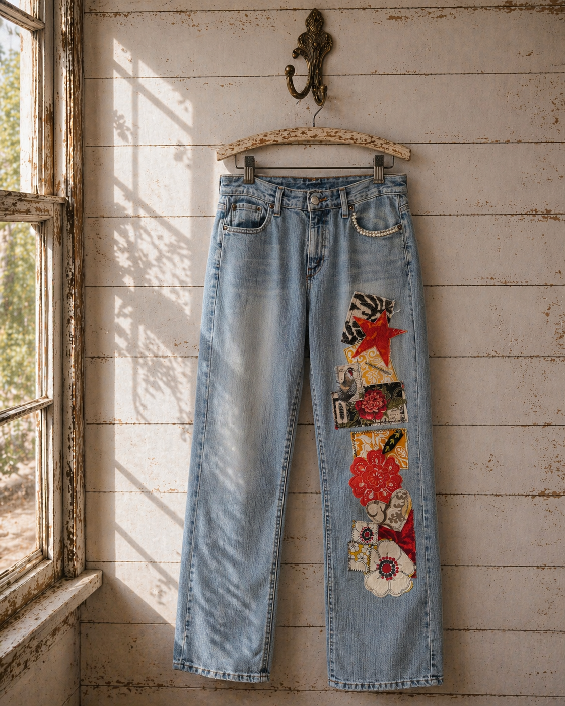Denim jeans with colorful patches hanging on a wooden wall.