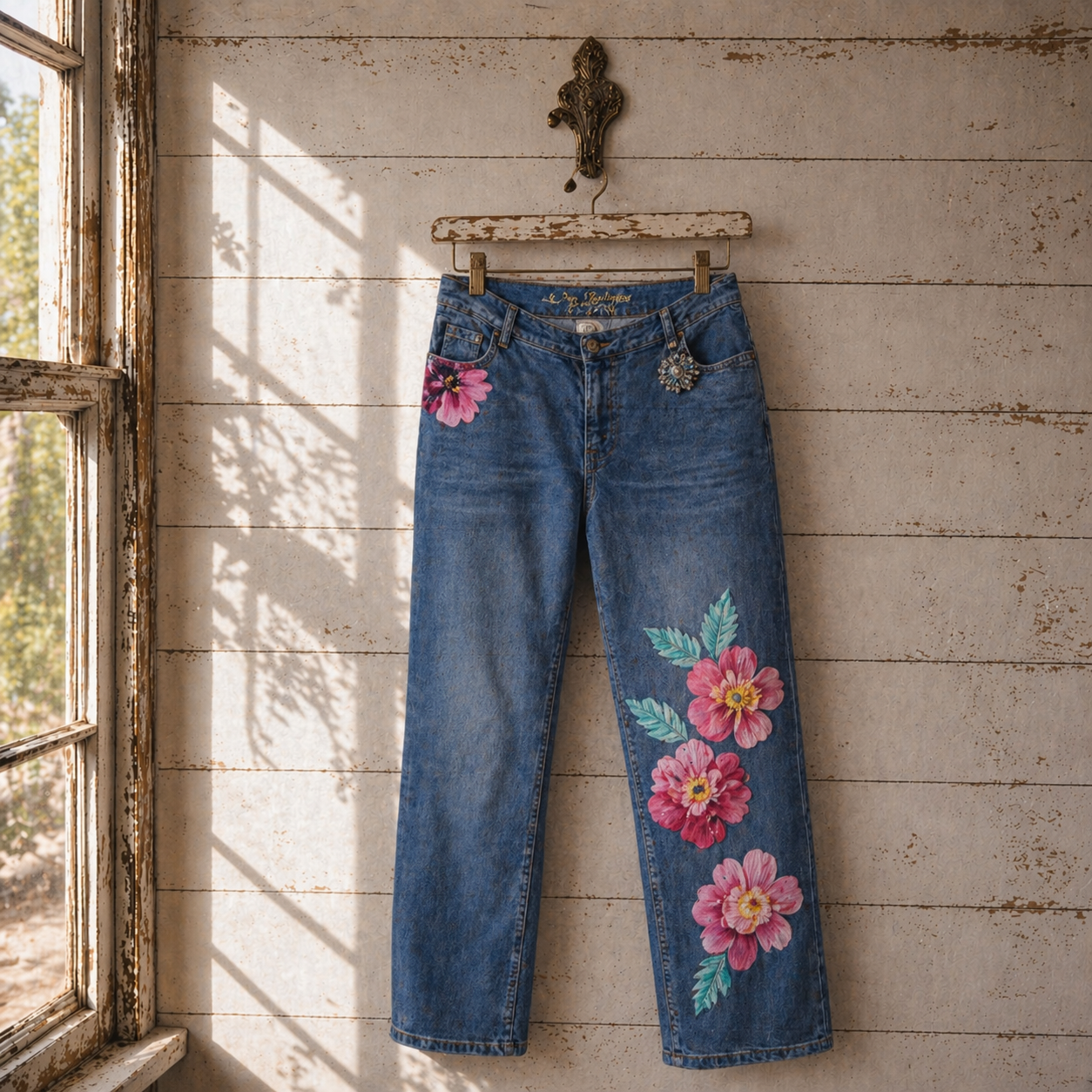 Upcycled Old Navy Boyfriend Jeans Size 12 – Pink Hibiscus Floral Patchwork, Vintage Brooch
