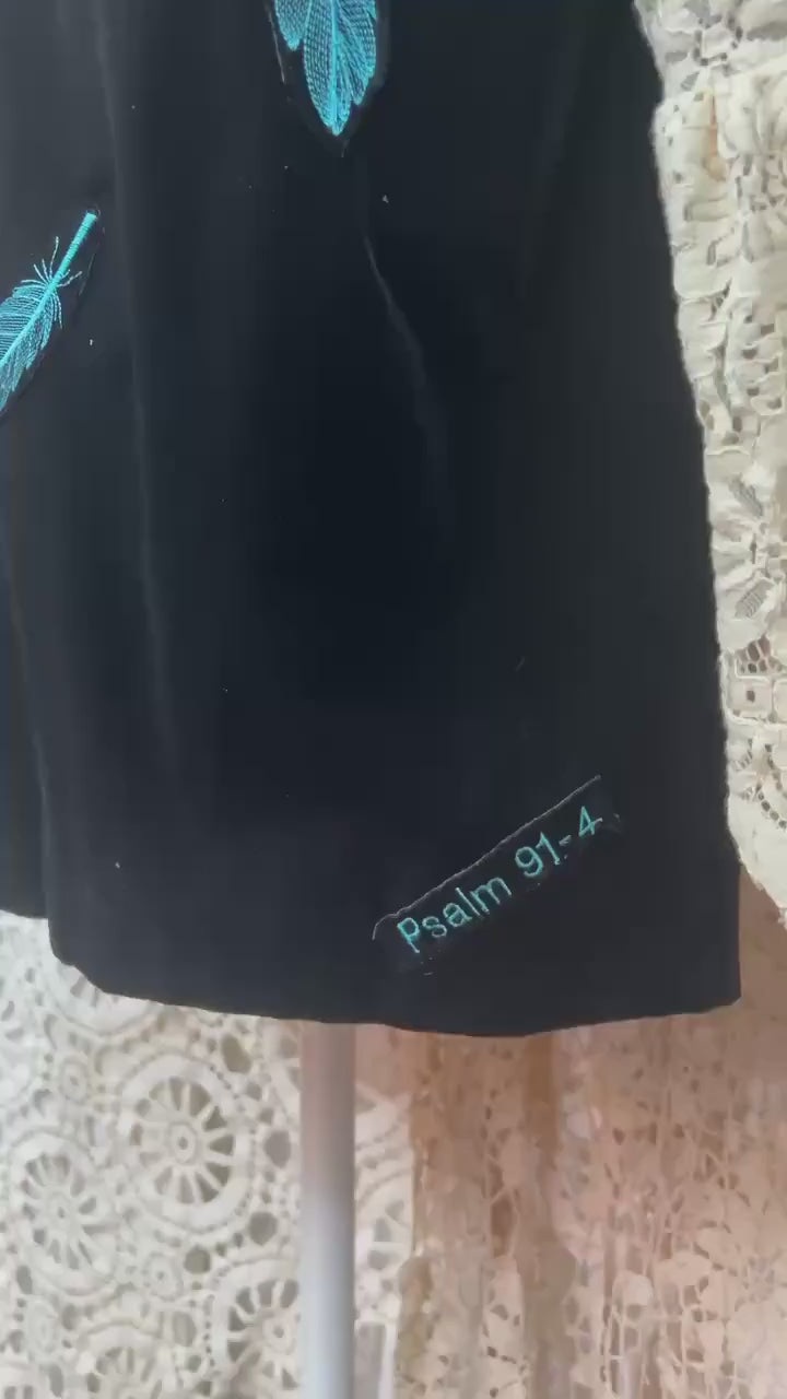 Upcycled Velvet Blazer, Boho Lace Flare Sleeves, Bird Art, Psalm 91:4