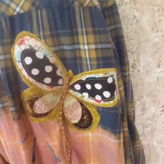 Upcycled Bleached Boho Flannel Shirt – Butterfly Patchwork, 1 John 4:8 Embroidered, Men's XL