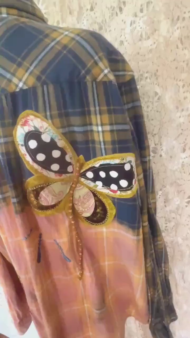 Upcycled Bleached Boho Flannel Shirt – Butterfly Patchwork, 1 John 4:8 Embroidered, Men's XL