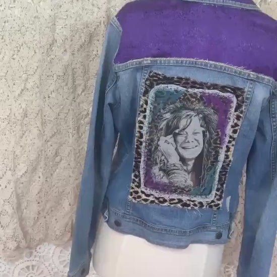 Janis Joplin Inspired Upcycled Denim Jacket, Boho Festival Patchwork Jean Jacket (Size M)