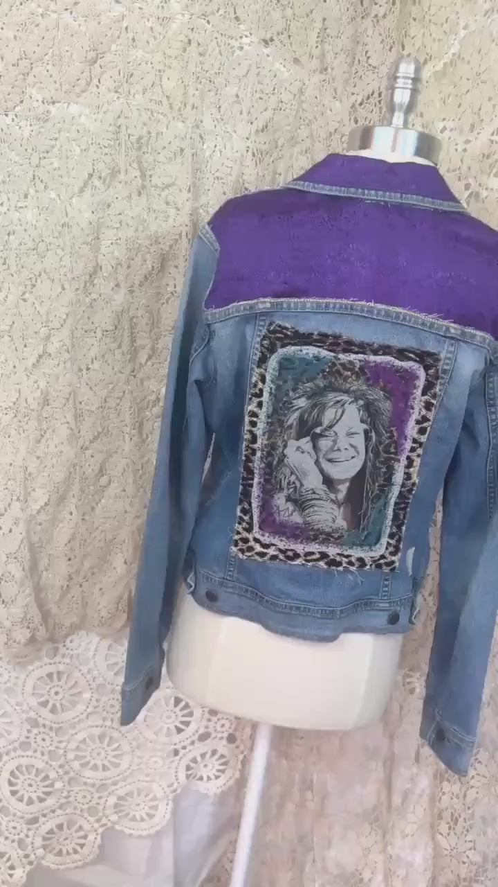 Janis Joplin Inspired Upcycled Denim Jacket, Boho Festival Patchwork Jean Jacket (Size M)
