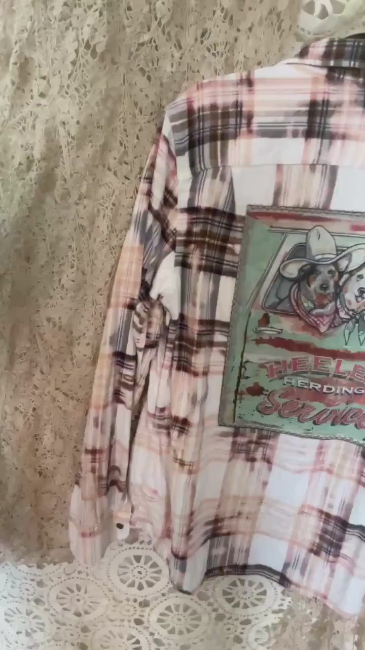Bleached Plaid Flannel Shirt – Heeler Herding Service Cattle Dog Graphic, Men's Large