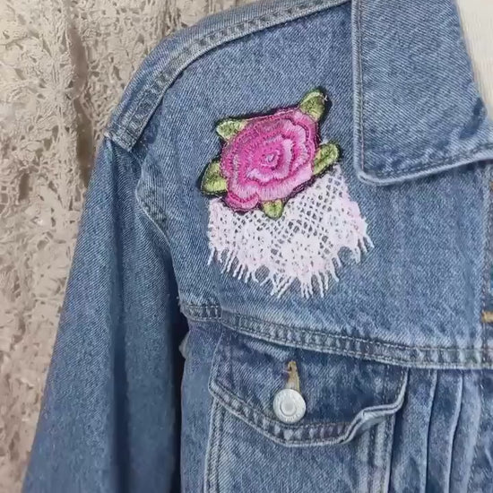 Lace Back Rose Denim Jacket, Upcycled Jean Jacket Large, Boho Cowgirl Layer
