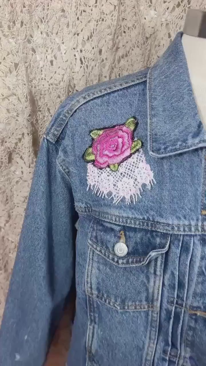 Lace Back Rose Denim Jacket, Upcycled Jean Jacket Large, Boho Cowgirl Layer